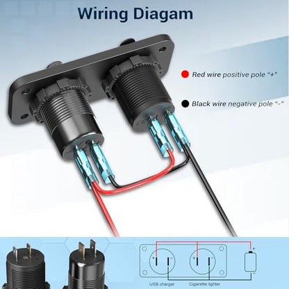 Qidoe Cigarette Lighter Socket 12 Volt USB Outlet Dual 30W PD & Dual Quick Charge 3.0 18W, 300W Socket Aluminum Metal Charger Panel with LED Voltmeter for Marine Car RV Motorcycle Golf Cart, etc