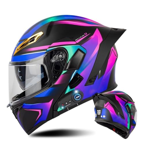 AAREG Bluetooth Modular Motorcycle Helmet with Tail DOT/ECE Approved Flip Up Front Helmets Dual Anti-Fog Visors Full Face Built-in Mp3 Integrated for Adults Men Women 55-64CM (Color : D, Size SMA - color: D, size: Small