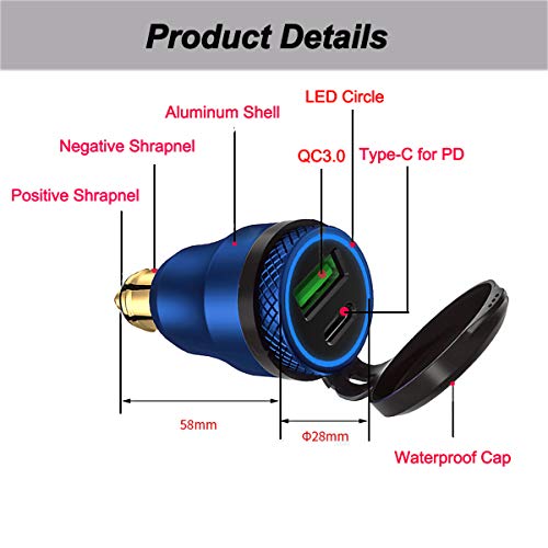iMESTOU Aluminum 30W Power Delivery DIN Power Plug Charger to USB C and Quick Charge USB 3.0 Motorcycle DIN Adapter Waterproof Fits for Hella 12V-24V DIN Socket/BMW Ducati Triumph - color: blue