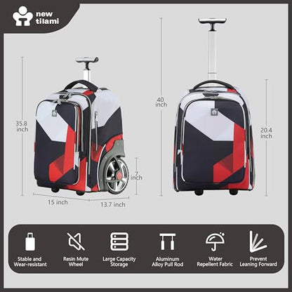 NEW TILAMI 20" Rolling Backpack for Teens Adults, Climbing Stairs Waterproof Backpack with Wheels for School Business Trave Camping with Laptop Compartment, Fit 17 Inch Laptop, Black - Red Combo - color: Black - Red Combo