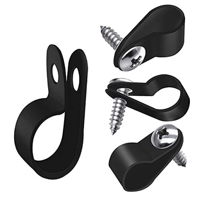 mankk 100PCS 1/4 Inch Rope Light Clips P-Style Mounting Clips Plastic Cable Clamps with Compatible Stainless Steel Pan Head Phillips Screws for Wire Management M-034-BK-LS - size: 100 Pack 1/4Inch