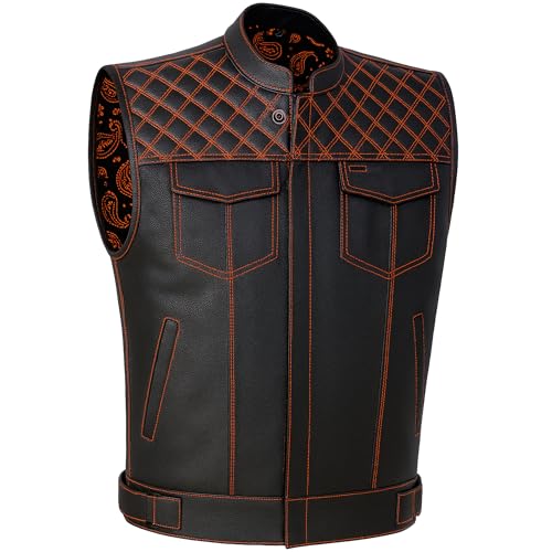 Jackets 4 Bikes SOA Men's Motorcycle Vest, Geniune Buffalo Leather, Back Armor, Inside Pockets, Motorbike Riding Club Vests Paisley Orange S - color: Paisley Orange, size: Small