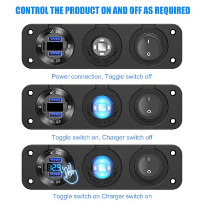 12V USB Outlet Boat Accessories Marine Switch Panel Plug, PD3.0 and Dual QC3.0 USB Ports Aluminum Car Charger with Voltmeter, Lighted 150W Cigarette Lighter Socket and Toggle Switch 3 in 1 DIY Kit - color: Charger+Socket+Switch