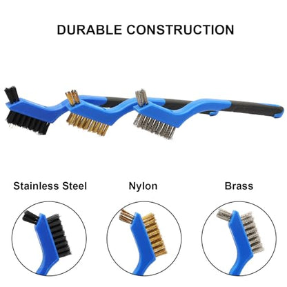 3PCS Durable Wire Brush Set,Brass Stainless Steel Nylon,Curved Handle Brush for Cleaning Rust Removal in Holes DIY Enthusiasts(Blue) - style: Blue-Nylon,Brass,Stainless Steel