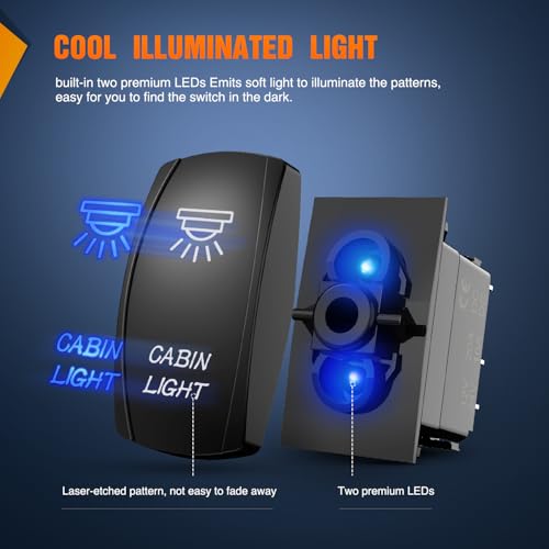 Nilight Cabin Light Rocker Switch Led Bar 5 Pin Laser On Off SPST Switches 20A/12V 10A/24V Blue with Jumper Wires Set for Cars Trucks Boats ATVs UTVs RVs - size: CABIN LIGHT