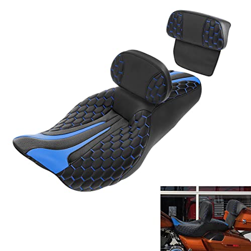 C.C. RIDER Low Profile Touring Seat - Driver Rider Passenger Seat For Harley Davidson Touring Road King Street Glide Road Glide Electra Glide CVO 2014-2023 - color: Black Blue Rider Seat + Sissy Bar