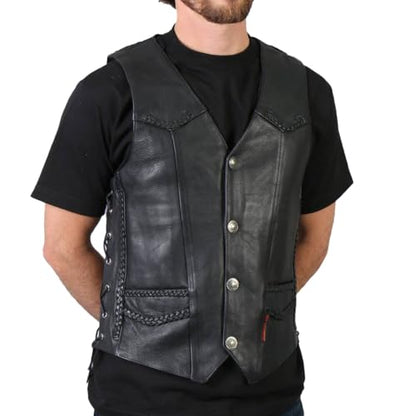 Hot Leathers Men’s Black ‘Buffalo Nickel Snap’ Leather Vest with Side Laces & Braided Detail - color: Vsm1008-black, size: XX-Large