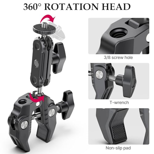 XIAOTJ Super Clamp Camera Mount with Magic Arm Double 360° Ballhead and Phone Tripod Mount/Action Camera Adapter for Phone/GoPro DJI Insta360/Monitor/DSLR/Motorcycle Bike Handlebar Gun Scope Mounts