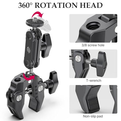 XIAOTJ Super Clamp Camera Mount with Magic Arm Double 360° Ballhead and Phone Tripod Mount/Action Camera Adapter for Phone/GoPro DJI Insta360/Monitor/DSLR/Motorcycle Bike Handlebar Gun Scope Mounts