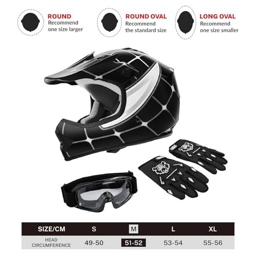 SLMOTO Youth Kids Motocross Offroad Street Helmet DOT Safety Youth Kids Helmet Dirt Bike Offroad Motorcycle Goggles Gloves - color: Black Spiders, size: Medium
