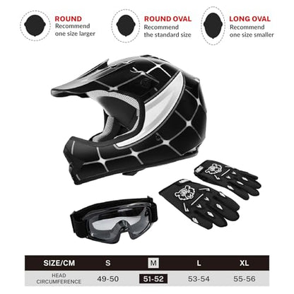 SLMOTO Youth Kids Motocross Offroad Street Helmet DOT Safety Youth Kids Helmet Dirt Bike Offroad Motorcycle Goggles Gloves - color: Black Spiders, size: Medium