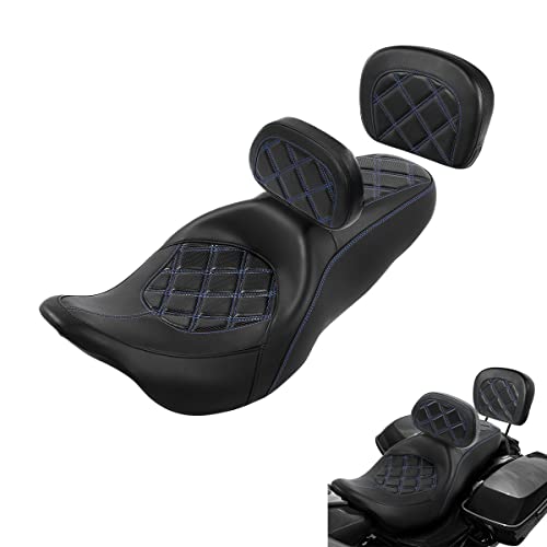 C.C. RIDER Classic Seat Backrest Pad - Driver Sissy Bar fit for Harley Davidson Touring Road King Street Glide Electra Glide Road Glide 2009-2023 - color: Seat + Driver Pad + Passenger Pad Black Blue