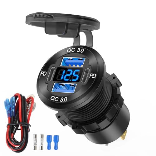 78W 12V USB Outlet 4 Port Car Charger Socket, Dual PD USB C and Dual Quick Charge 3.0 Port Aluminum Charger with Voltmeter DIY Kit Waterproof for Car Boat Marine Motorcycle RV ATV Truck Golf Cart, etc - color: Pack of 1