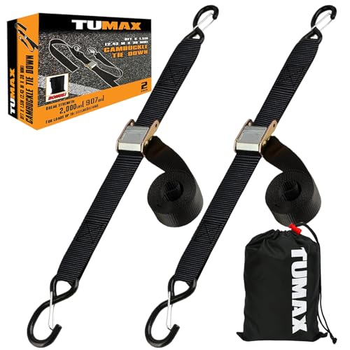 Tie Down Strap Cambuckle Strap - 2000lbs Break Strength, 1.5 in x 8ft Cargo Straps with Safety S-Hooks, Heavy Duty Cam Buckle Strap for Moving Lawn Equipment, Cargo Appliances, Motorcycle, 2PK - color: Black