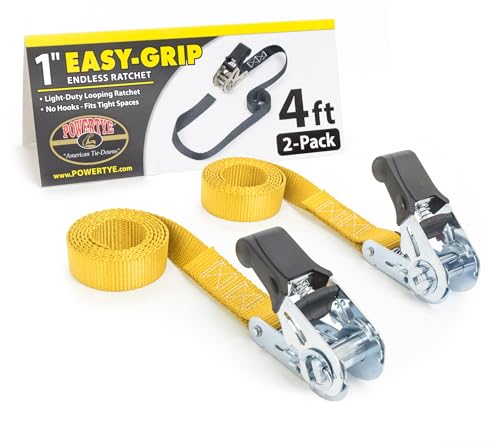 PowerTye - Endless Ratchet Strap - 1in x 4ft Easy Grip (Hookless), Tie Down Strap w/ 400 lb. Working Load Limit / 1,200 lb. Break Strength, Ideal for Motorcycle, Truck Beds, & Cargos, Yellow 2-Pack - color: Yellow, size: 1in x 4ft