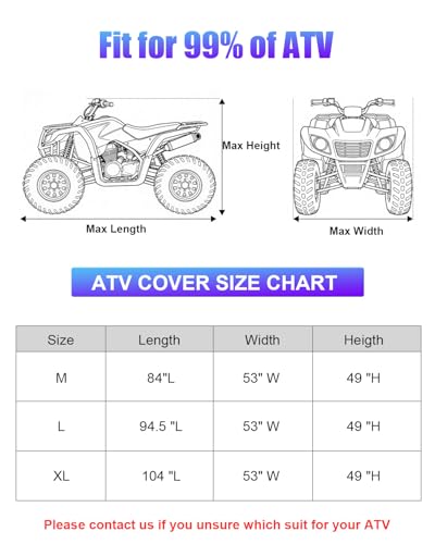 Full Enclosed Large ATV Cover Waterproof Outdoor Heavy Duty 4 Wheeler Cover All Season Weather Proof Quad Cover with Reflective Strips Fits ATV Length up to 104" Windproof Sunproof Dustproof - size: 7.(ATV) 104"L x 53"W x 49"H