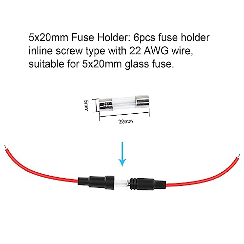 5x20 mm Fuse Holder Inline Screw Type with 22 AWG wire for Fast-Blow Glass Fuse （6-Pack）