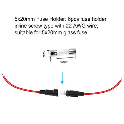 5x20 mm Fuse Holder Inline Screw Type with 22 AWG wire for Fast-Blow Glass Fuse （6-Pack）