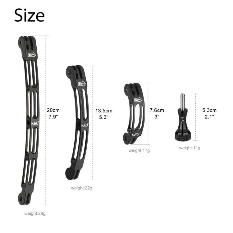 HSU Aluminum Alloy Curved Extension Arm Kit Metal Pole Mount Helmet Stick Extension Arm Mount for GoPro Hero 13/12/11/10/9/8/7/6 Black, DJI Osmo Action and More Action Cameras (7.9”/5.3”/3”) (Black)