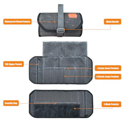 Roaring Fire Pioneer Mini Tool Roll Bag - Waxed Canvas Roll Up Pouch, YKK Zipper, 4 Mesh & 8 Elastic Loops for Wrenches, Survival, EDC - Gift for Dad