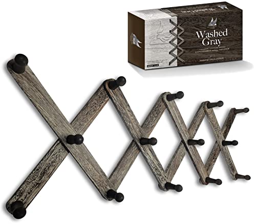 Expandable Wooden Coat Rack Hanger - Accordion Wall Hanger with Expanding Wall Pegs | Hand Made Vintage Wooden Hat Rack for Wall | Hang Coat, Jacket, Hat | Wall Rack – 14 Hook, Washed Gray - color: Washed Gray (Rustic Style), size: 14 Hooks - Regular Size