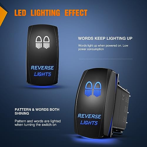 Nilight Reverse Lights Rocker Switches Led Light Bar Switch 5 Pin Laser On Off SPST switches 20A/12V 10A/24V Blue with Jumper Wires Set for Cars Trucks Boats ATVs UTVs RVs - size: REVERSE LIGHTS