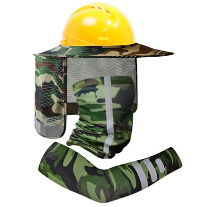 TCCFCCT Camo Hard Hat Sun Shade, Full Brim High Visibility Mesh Neck Shield and Bandana Face Scarf with Construction Arm Sleeves, Hard Hat Accessories, 3 Packs - color: Sun Shade 1+bandana 1+sleeves 1pair Camo