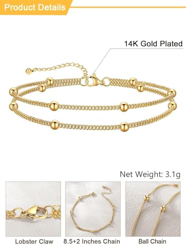 U7 Silver/Gold Ankle Bracelets for Women Layered Chain Anklets Stainless Steel Waterproof Summer Beach Anklet Cham, Adjustable 8.5"-10.5" - color: Gold - Layered Ball Chain
