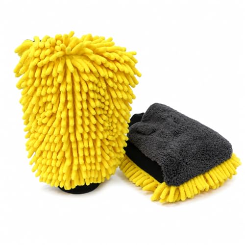 Car Wash Mitt, Double-Sided Chenille Microfiber, Yellow and Black, Waterproof