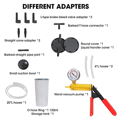 Big RED Torin 16 Piece 2 in 1 Brake Bleeder Kit Hand Held Fluid Vacuum Gauge Pump Test Set with Storage Case, Black, ATRHS-A1998AR - style: 16 PCS Brake Bleeder Kit