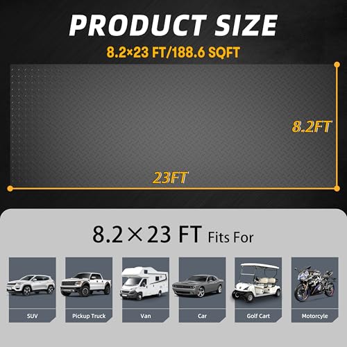 8.2 x 23 FT Garage Floor Mat, 2.8mm Thickened Diamond Plate PVC Garage Flooring Roll for Under Car, Heavy Duty Garage Floor Protector 188.6 SQFT for Garage, Basement, Golf Cart. Black