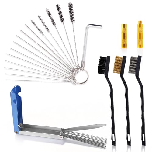 Premium Carburetor Cleaning Kit, Stainless Steel Torch Tip Cleaner with 13 Wires, 10 Needles, 5 Nylon Brushes, 3 Large Brushes, Pick & Wrench Set for Motorcycle ATV Lawn Mower Small Engine