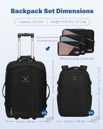 Hynes Eagle 2 in 1 Travel Backpack 22 inches Carry on Luggage 63L Rolling Backpack for Men Women with Packing Cubes 3PCS Set - color: Black
