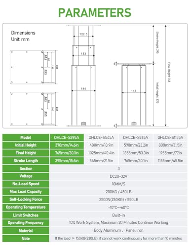 DIHOOL Electric Lift Table, Motorized Lifting Column, Heavy Duty 450Lbs, 14.6" to 30.1" Height Adjustable Table Leg, RV Telescoping Lifting Platform, Wireless Remote & APP Control - color: 14.6"-30.1" Height