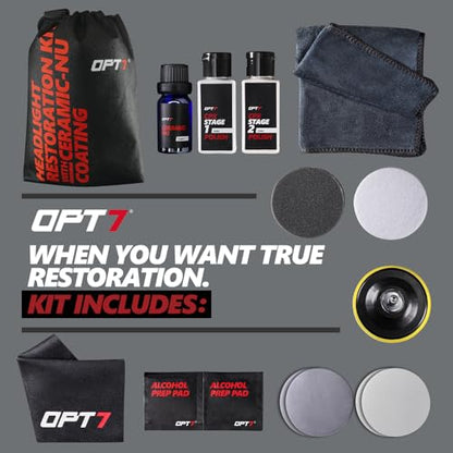 OPT7 Headlight Restoration Kit with Exclusive Ceramic Nu Coating - Professional Detailers Grade - Lens Polisher Drill Set
