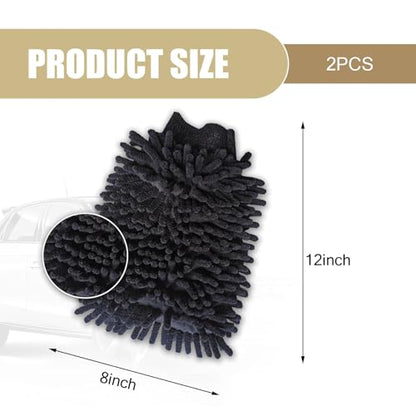 2 PCS Car Microfiber Wash Mitt, 5.51In X 9.05In Chenille, for Car Washing, Elastic Cuff Multi-Purpose Wash Mitt Cleaning Kit (Black)