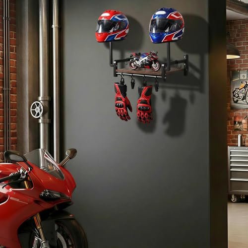 Helmet Wall Mount, Motorcycle Helmet Holder with Walnut Wood Shelf, 2 Helmets Stand, 4 Glove Chips and 2 Hooks, Helmet Display Mount for Most of Helmet and Clothes