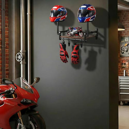 Helmet Wall Mount, Motorcycle Helmet Holder with Walnut Wood Shelf, 2 Helmets Stand, 4 Glove Chips and 2 Hooks, Helmet Display Mount for Most of Helmet and Clothes