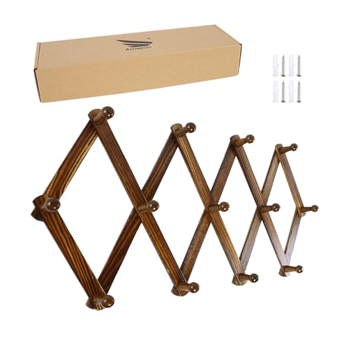 AMAPON Accordion Style Expandable Wall Wooden Coat Rack 13 Hooks (Pegs) Hang Hats Jackets Coffee Mug Purses Necklaces Towels Cap Leash Scarves Data Line Kitchenware (Walnut 2 Packs) - color: Walnut, size: 2 Pack