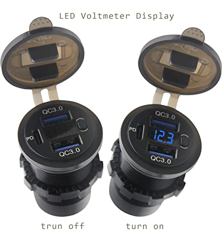 Dual USB Quick Charge 3.0 Port & PD USB C Car Charger Socket, 12V USB Outlet with Voltmeter and Power Switch for Car Boat Marine Truck - color: 2QC+1PD