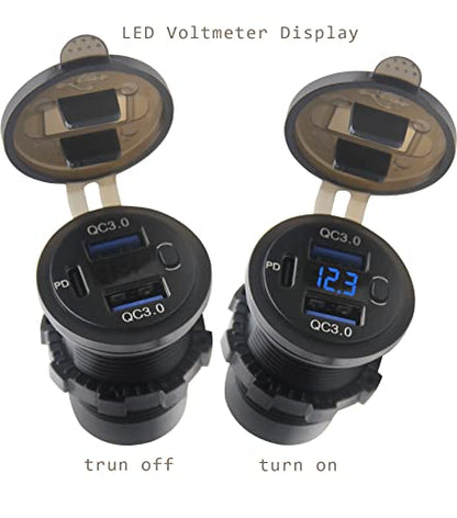 Dual USB Quick Charge 3.0 Port & PD USB C Car Charger Socket, 12V USB Outlet with Voltmeter and Power Switch for Car Boat Marine Truck - color: 2QC+1PD