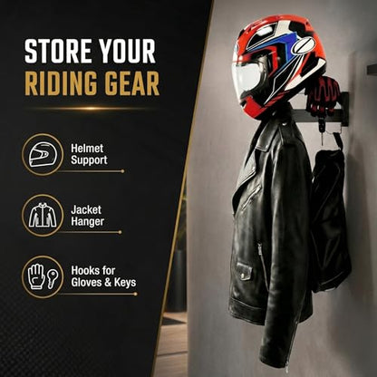 Helmet Holder Wall Mount, Solid Wood Motorcycle Helmet Rack with Heavy Duty Steel Hook, Helmet Wall Hanger for Motorcycle, Football, Cycling, Skiing & Tactical Gear, (Black)