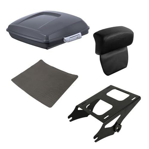 XFMT Motorcycle 5.5" Gunship Gray Razor Trunk Luggage W/Backrest Pad + Black Mount Bracket For Harley Touring Road King Street Glide Road Glide Electra Glide Ultra Classic 2014-Later - color: Gunship Gray Set 4