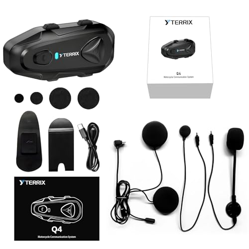 Q4 Motorcycle Bluetooth Headset, Helmet Comm System for 4 Riders, 1500m Intercom Range, Bluetooth 5.1 Dual Qualcomm Chip, Music Sharing, FM, DSP Noise Cancellation, IP65 Waterproof