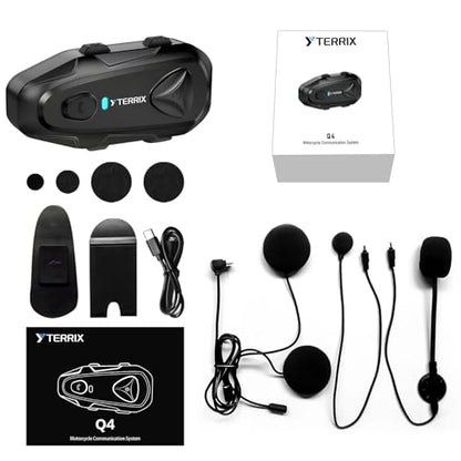 Q4 Motorcycle Bluetooth Headset, Helmet Comm System for 4 Riders, 1500m Intercom Range, Bluetooth 5.1 Dual Qualcomm Chip, Music Sharing, FM, DSP Noise Cancellation, IP65 Waterproof