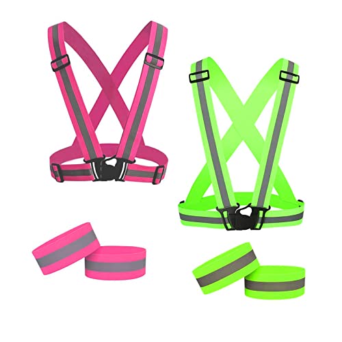 2 Pack Large Size Adjustable Running Reflective Vests, High Visibility Safety Reflective Gears and 2 Pack Reflective Gear Wristbands for Night Running, Biking,Hiking,Jogging and Dog Walking