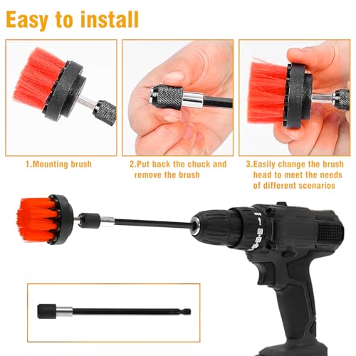 8 Pcs Drill Brush Attachment Set, Power Cleaning Scrub Brush Kit with Extend Long Attachment, All Purpose Drill Scrub Brushes for Car, Grout, Floor, Tub, Bathroom and Kitchen (red) - color: Red