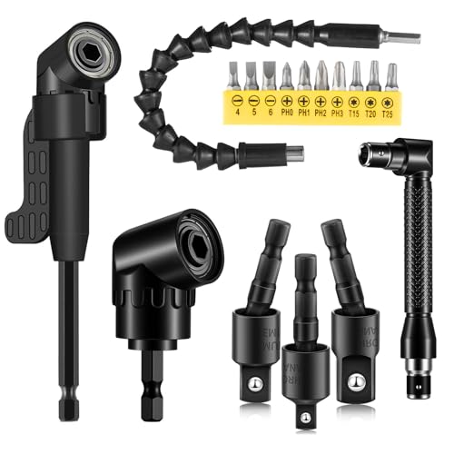 17Pcs Right Angle Drill Attachment & Flexible Bit Extension Set for Tight Spaces, 105° Adapter Long & Short, Bendable Shaft, 1/4 3/8 1/2 Socket Adapters, L Wrench & Bits for Cabinets, Auto Repair