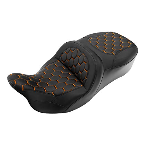 C.C. RIDER Low Profile Passenger Seat - Fat Diamond Pro 2-Up One-Piece fit for Harley Touring Road King FLHR Street Glide FLHX FLTRX 2009-2023 Bagger Comb #Orange Stitching One piece - color: Orange Stitching