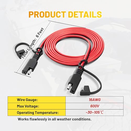 Oyviny 6FT 16AWG SAE Extension Cable with Polarity Reversing Adapter, Heavy Duty 2 Pin SAE Quick Connector with Dust Caps for Solar Panel Automotive Battery Charger Trolling Motor 12V - style: 6FT